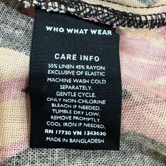 WHO WHAT WEAR Puff Sleeve Linen Blend Dress NEW Size XXL Pink Black Leaf Print - Picture 8 of 11